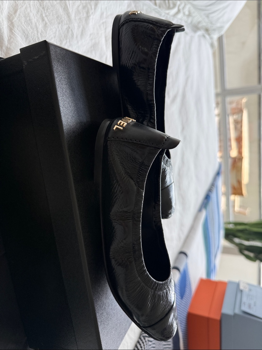 CHANEL Black Leather Slip-On Loafers with Gold Heel Logo - Picture 5 of 9